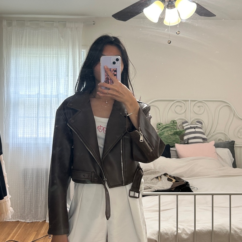 princess polly brown cropped leather jacket